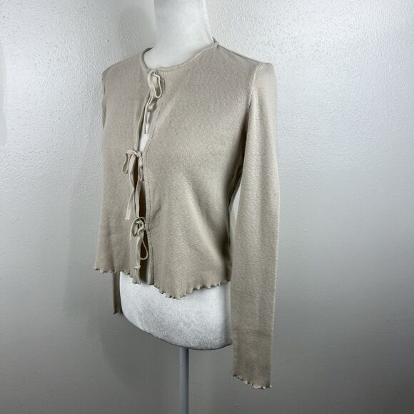 MNG Mango Sweater Women Medium Beige Ribbon Tie Knit Cardigan Long Sleeve - Picture 2 of 12